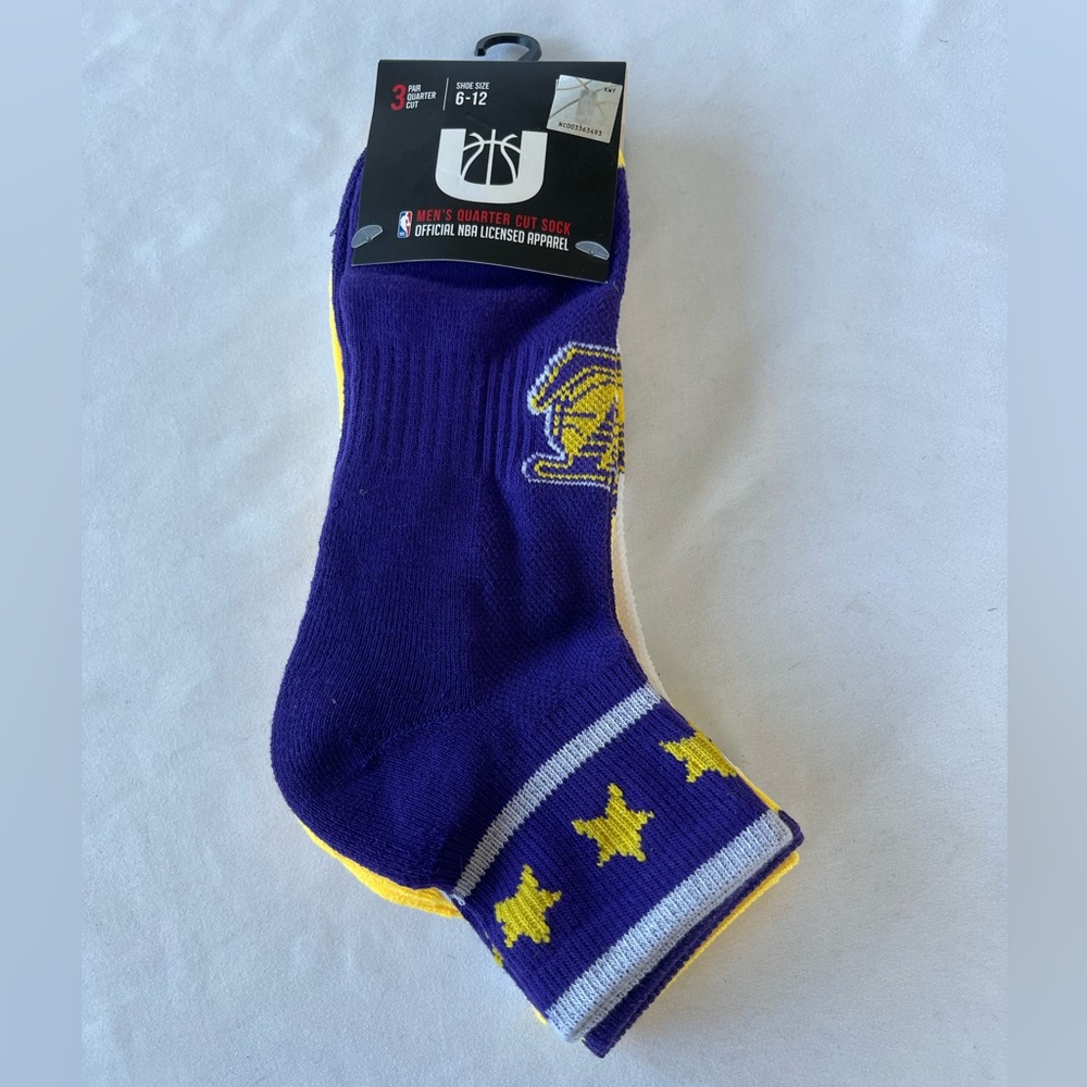 LA Lakers 3 Pair Pack Official NBA Mens Quarter Cut Socks Sz 6-12